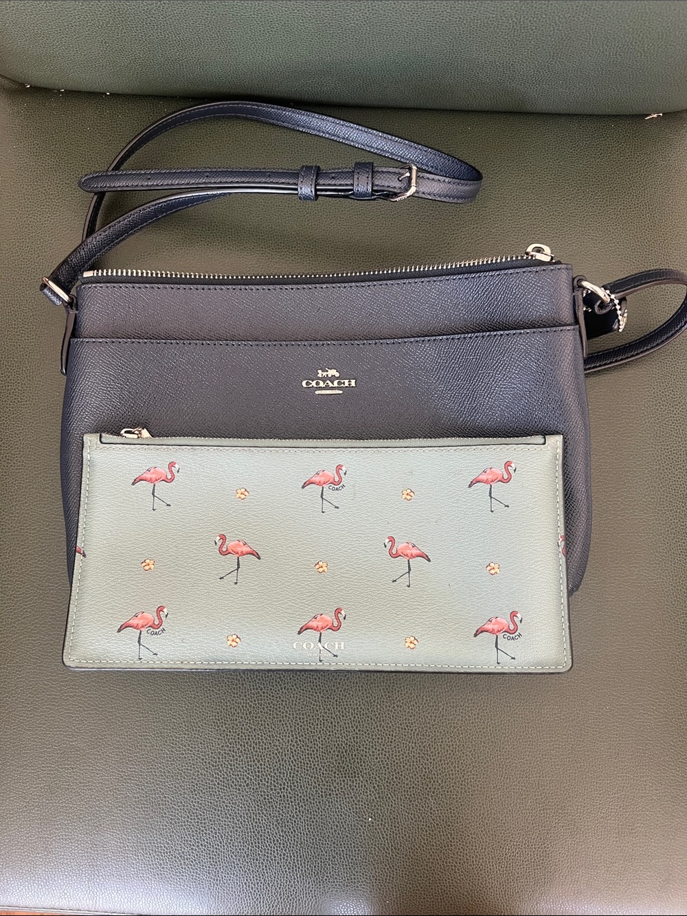 Coach Navy Leather Crossbody with Sage Flamingo Zip Pouch